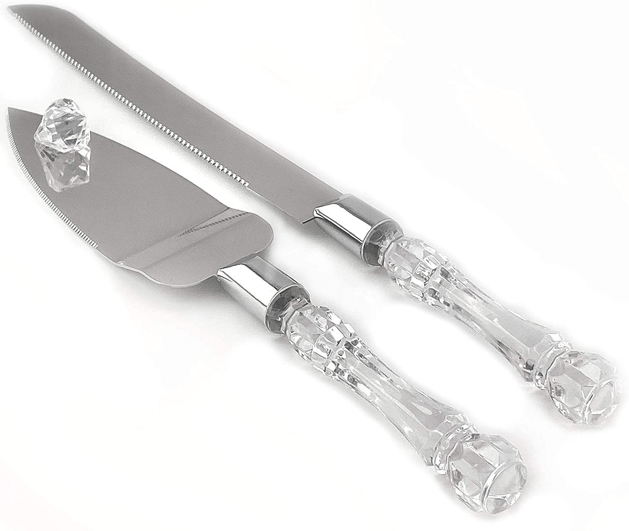 Elegant Cutting Cake Knife and Silver Blade Cake Server Set with clear molded handles and stainless steel blades, perfect for weddings.