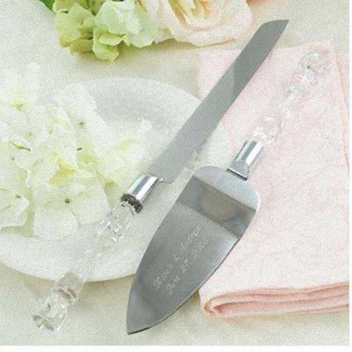 Elegant Cutting Cake Knife and Silver Blade Cake Server Set with clear molded handles and stainless steel blades, perfect for weddings.