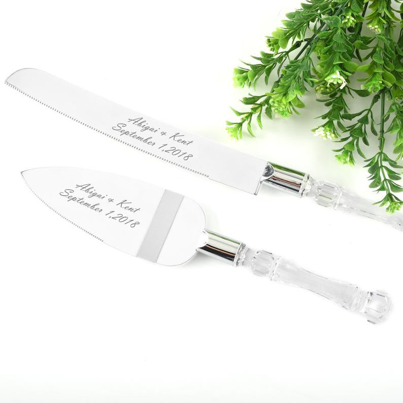 Elegant Cutting Cake Knife and Silver Blade Cake Server Set with clear molded handles and stainless steel blades, perfect for weddings.