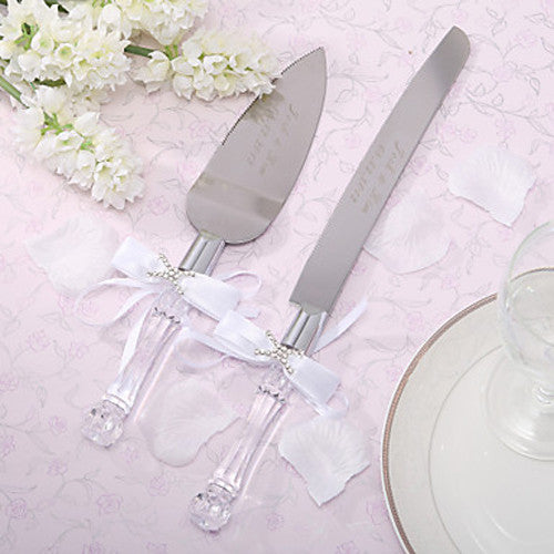 Elegant Cutting Cake Knife and Silver Blade Cake Server Set with clear molded handles and stainless steel blades, perfect for weddings.