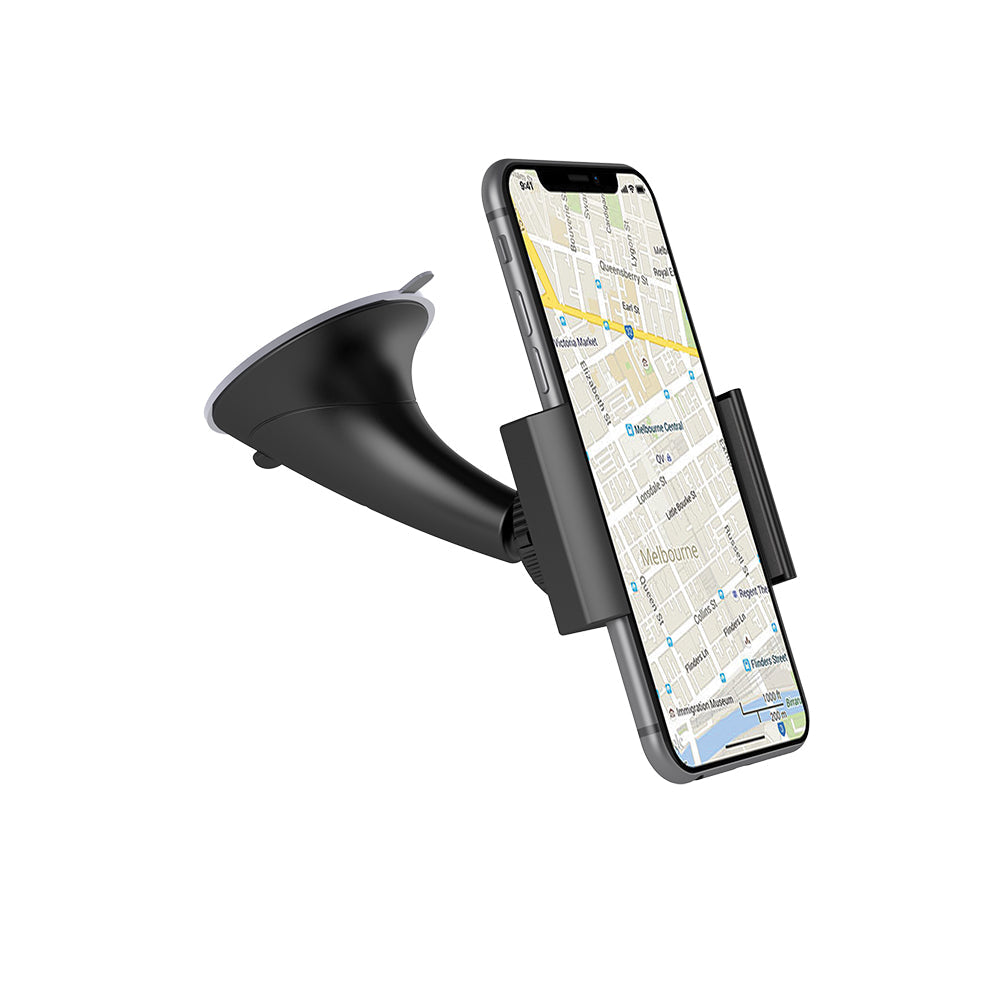 CYGNETT DashView Vice Universal In-Car Windscreen Mount in black, securely holding a smartphone with adjustable cradle and slide-clamps.