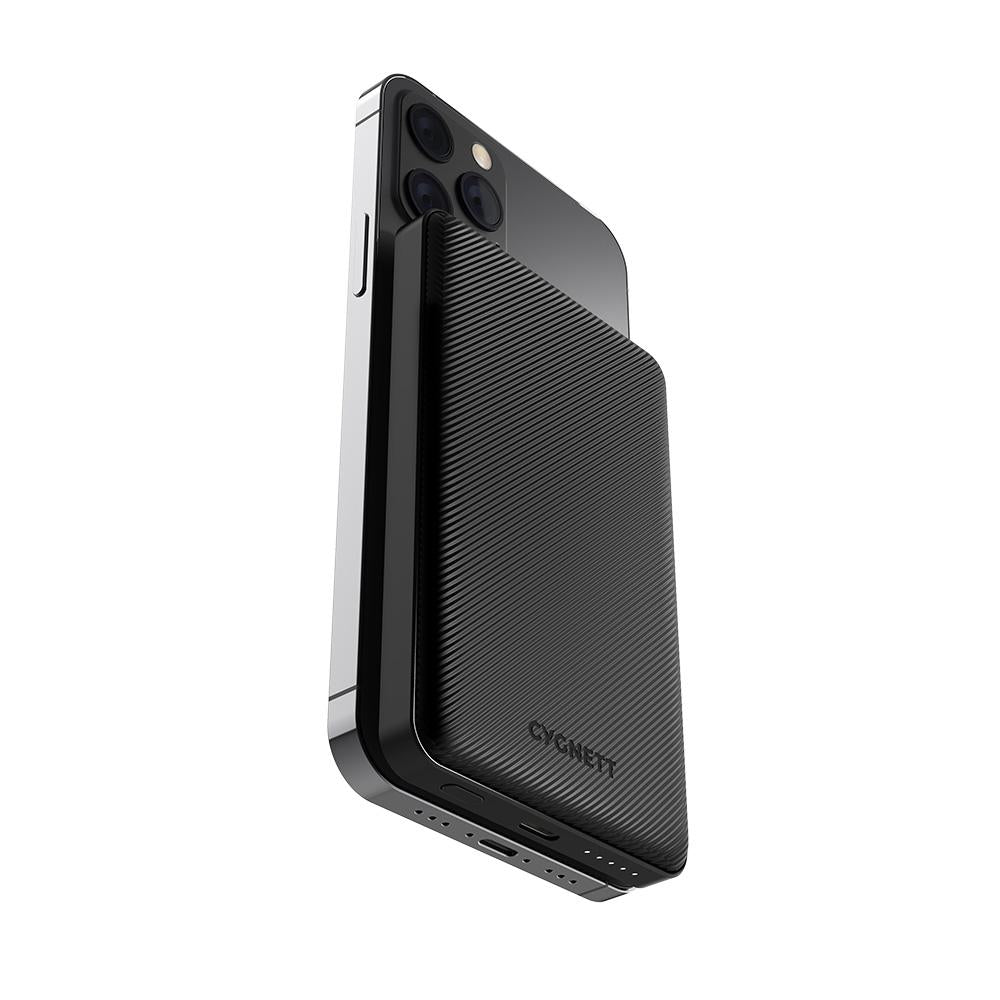 CYGNETT Magnetic Wireless Power Bank 5,000 mAh in black, showcasing its sleek design and charging capabilities.