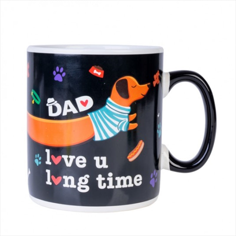 A large ceramic mug featuring a dachshund illustration and the phrase 'Dad love u long time', perfect for coffee lovers.