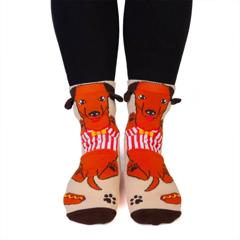 Colorful Dachshund Feet Speak Socks featuring playful dachshund designs and hot dog prints with non-slip soles.