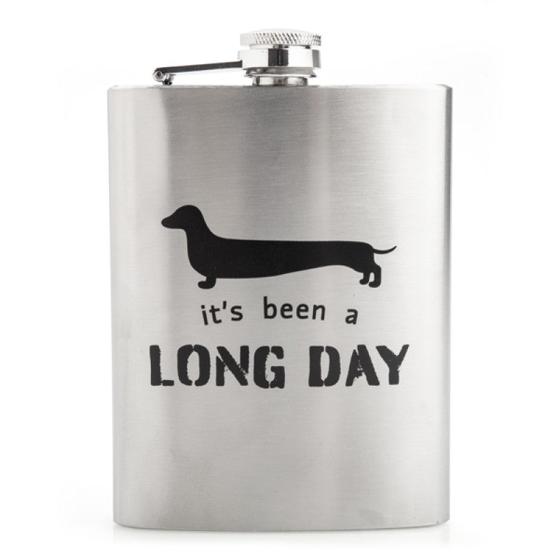 Dachshund Metal Flask with punny decal and silhouette design, perfect for dog lovers.