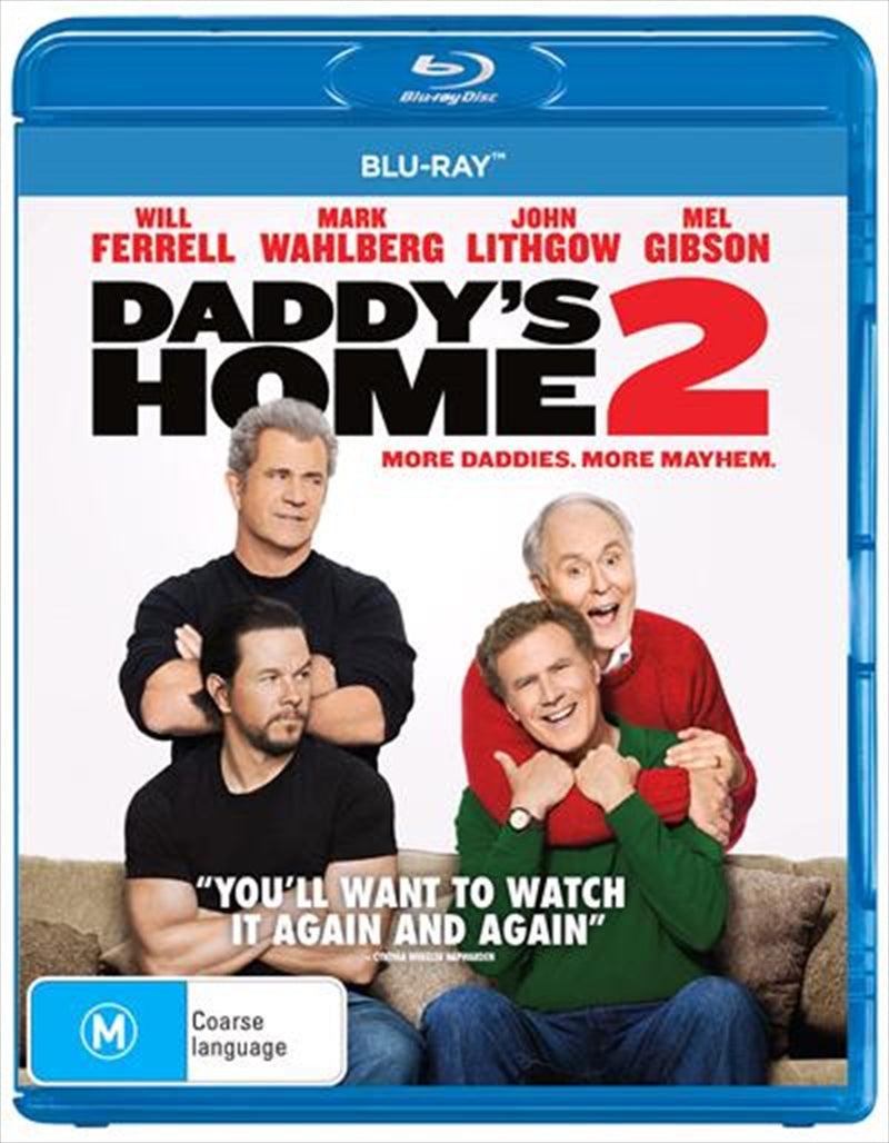 Daddy's Home 2 Blu-ray cover featuring Will Ferrell and Mark Wahlberg with festive holiday elements.