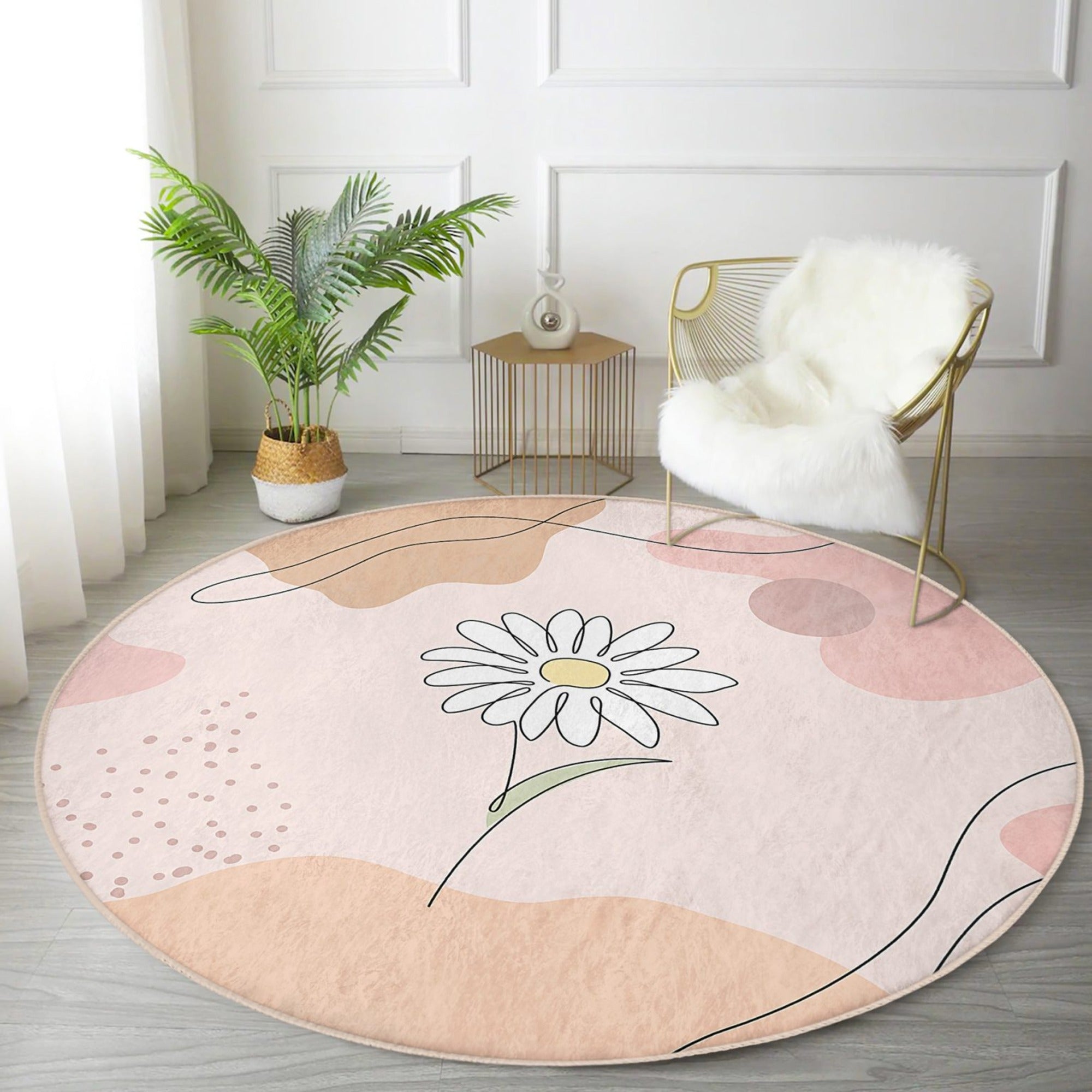 Daisy Round Rug featuring a vibrant daisy pattern, soft velvet fabric, and non-slip backing, ideal for home decor.