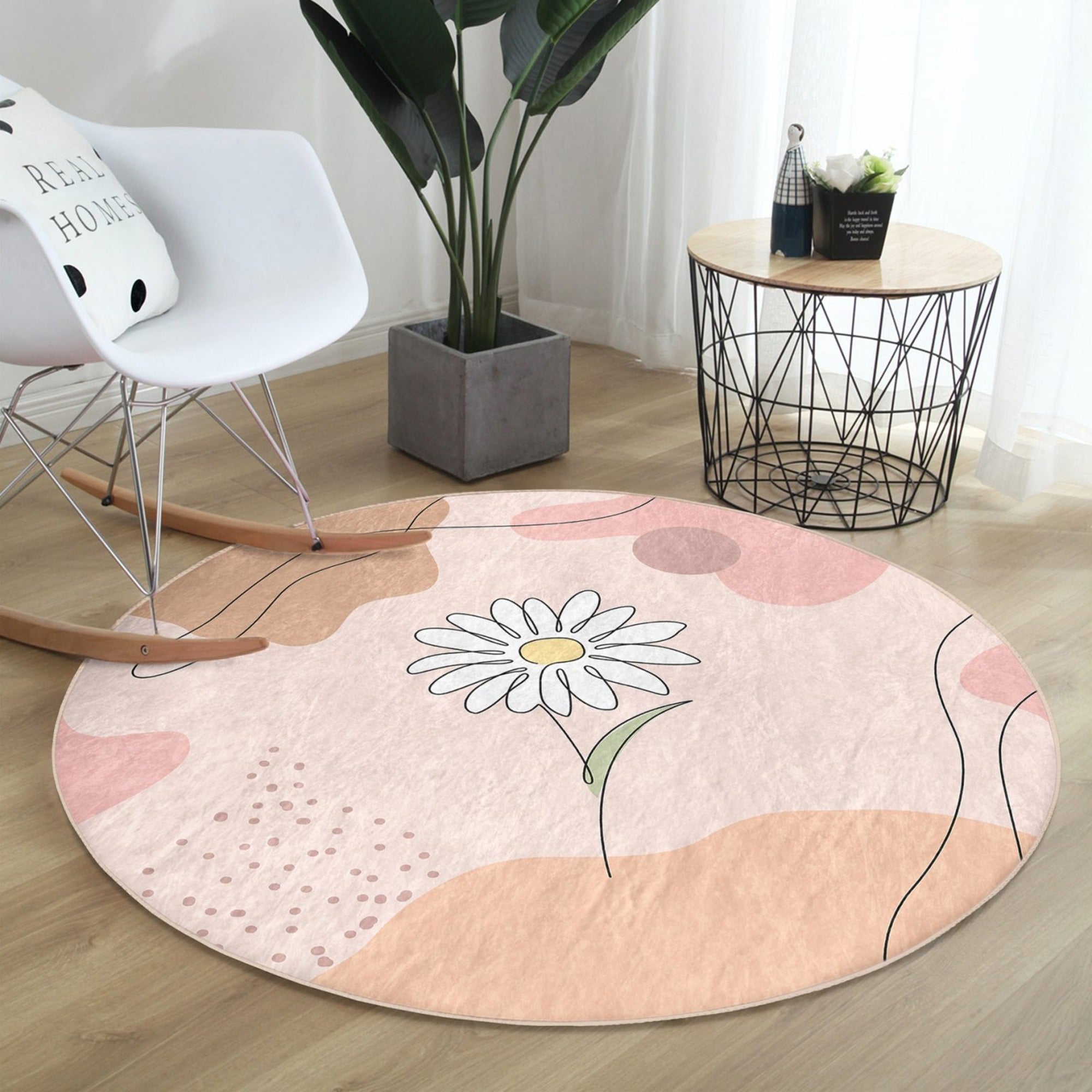 Daisy Round Rug featuring a vibrant daisy pattern, soft velvet fabric, and non-slip backing, ideal for home decor.