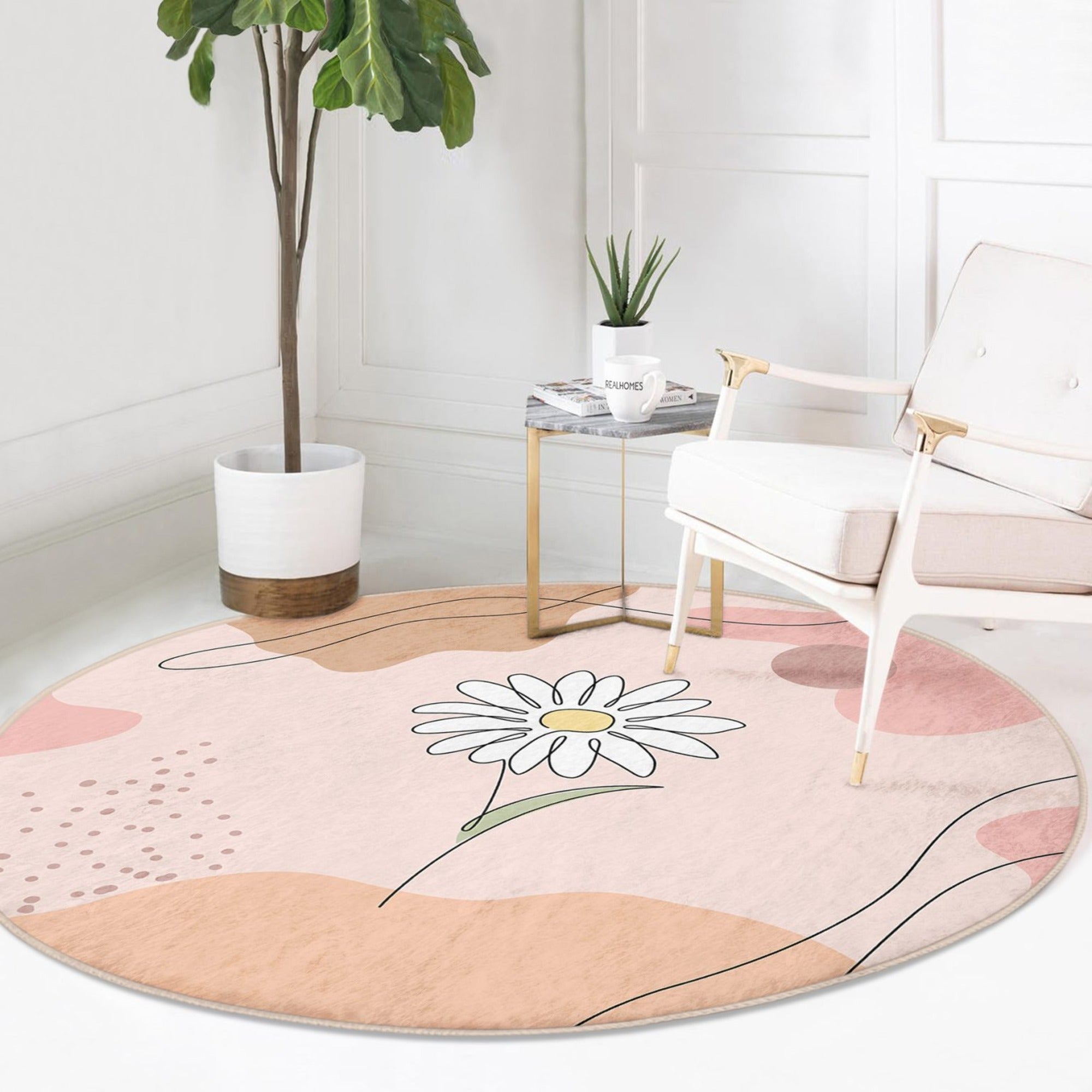 Daisy Round Rug featuring a vibrant daisy pattern, soft velvet fabric, and non-slip backing, ideal for home decor.