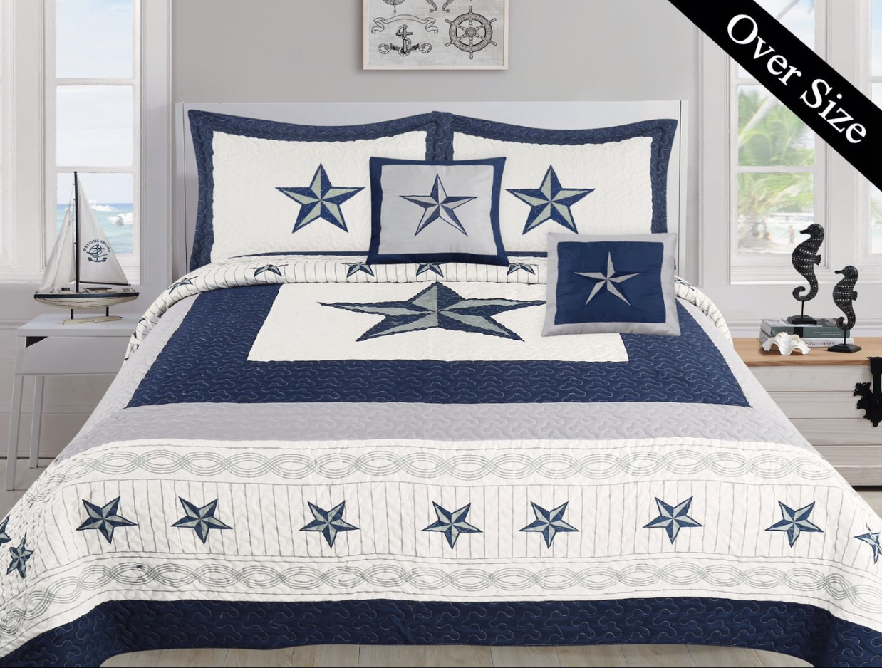 Dallas Cowboy Navy Blue Bedspread Quilt Set featuring star patterns, includes 5 pieces and extra pillows, perfect for cowboy lovers.