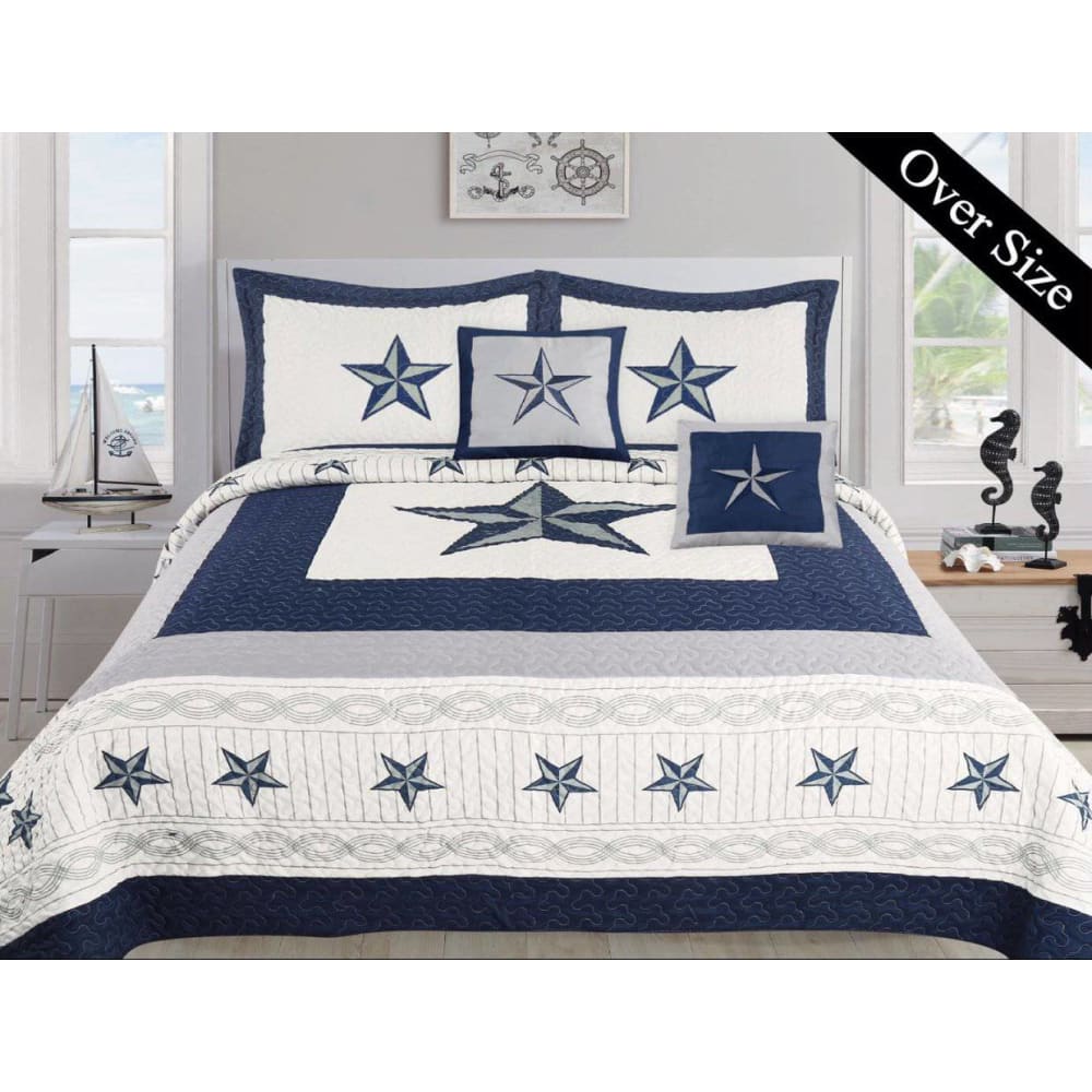 Dallas Cowboy Navy Blue Bedspread Quilt Set featuring star patterns, includes 5 pieces and extra pillows, perfect for cowboy lovers.