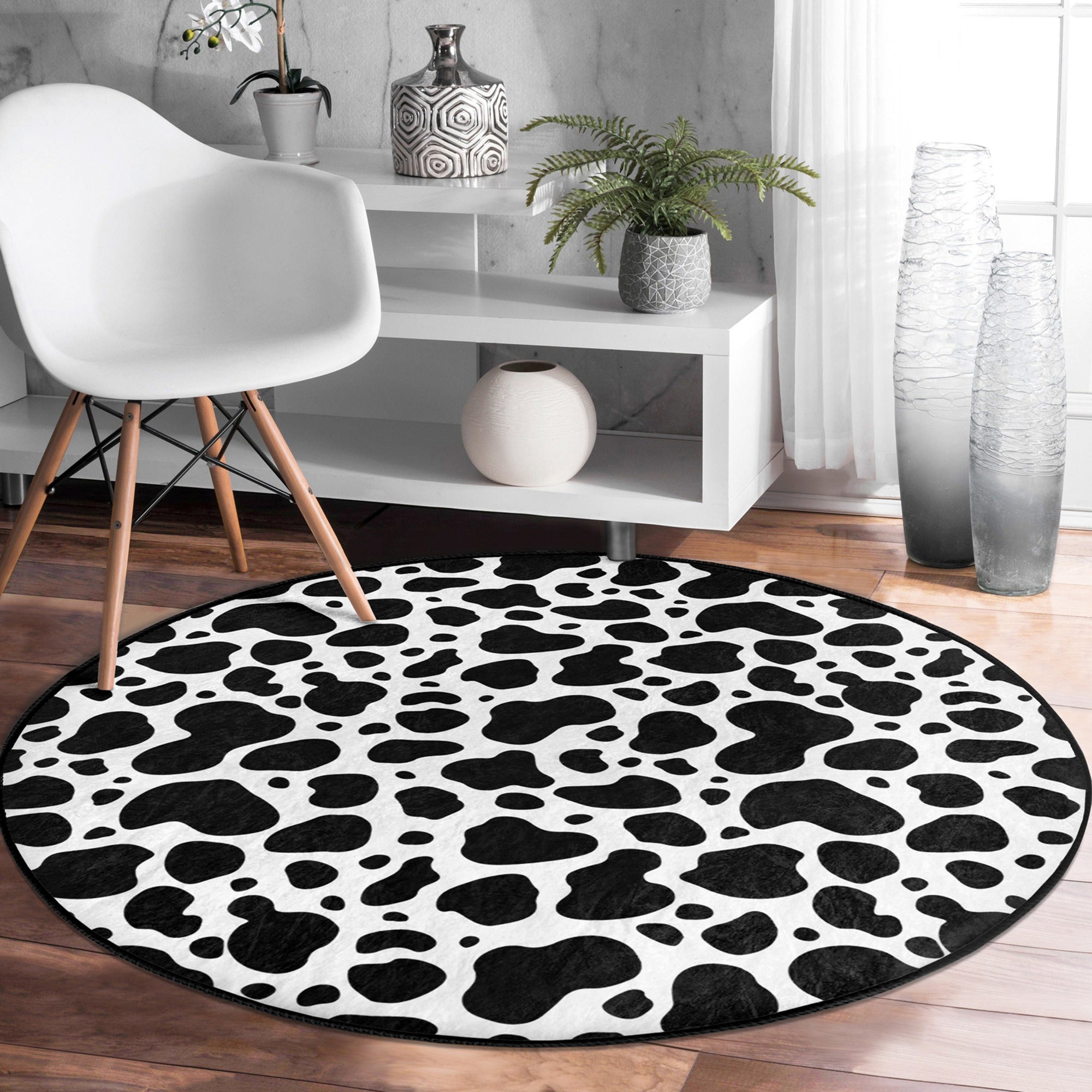 Dalmatian Dot Pattern Decorative Round Rug showcasing a stylish design, perfect for pet-friendly homes.