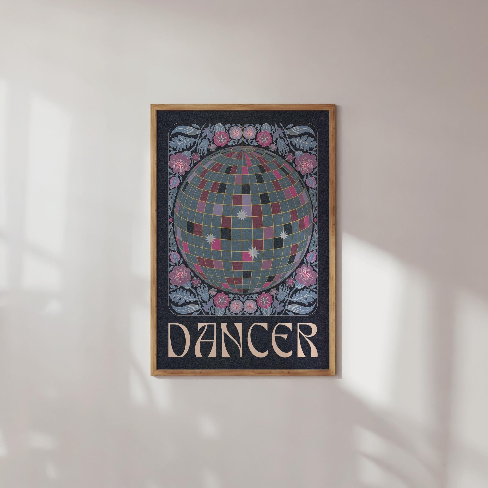 Vibrant 'Dancer' art print featuring a disco ball surrounded by colorful flowers and the text 'Dancer' below.