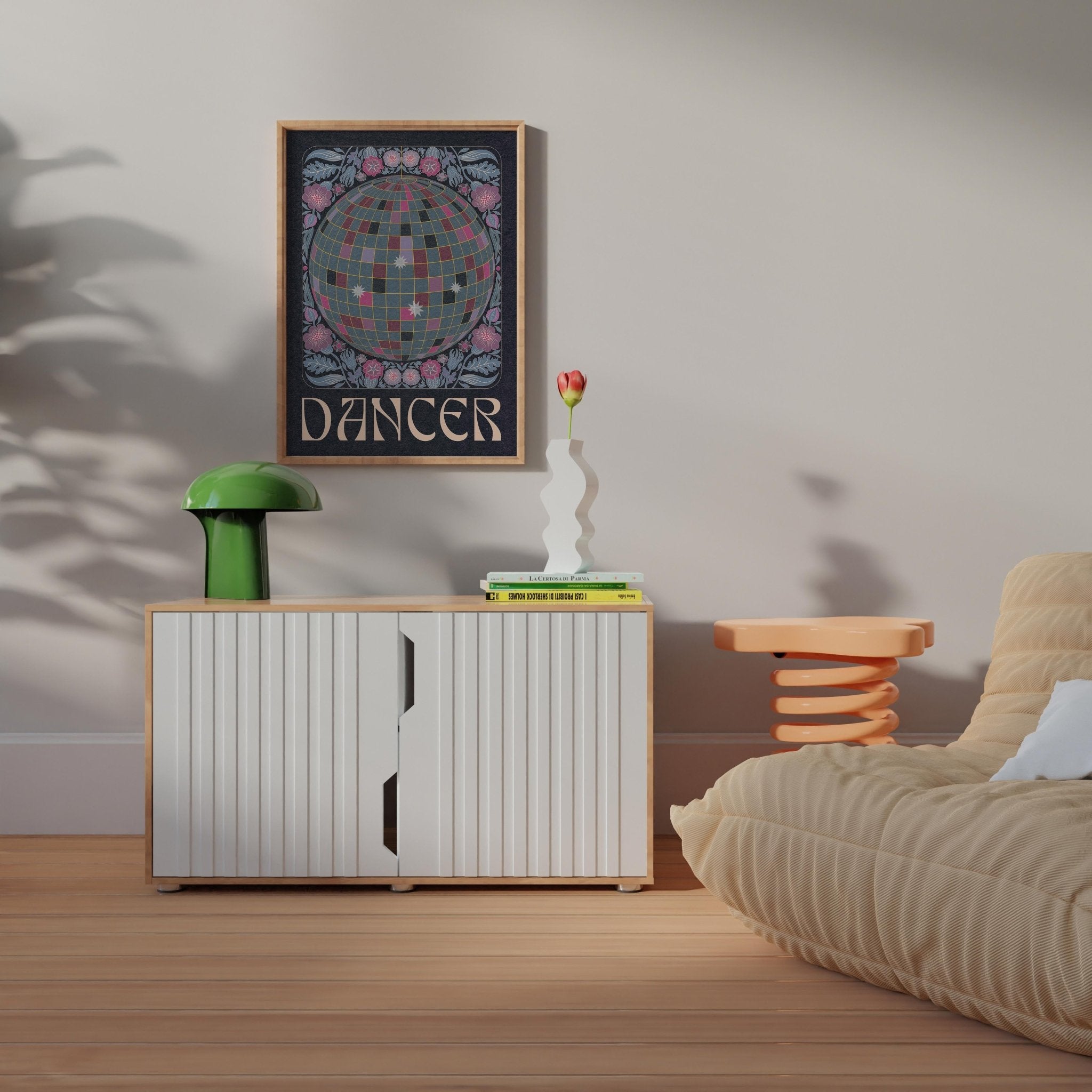 Vibrant 'Dancer' art print featuring a disco ball surrounded by colorful flowers and the text 'Dancer' below.