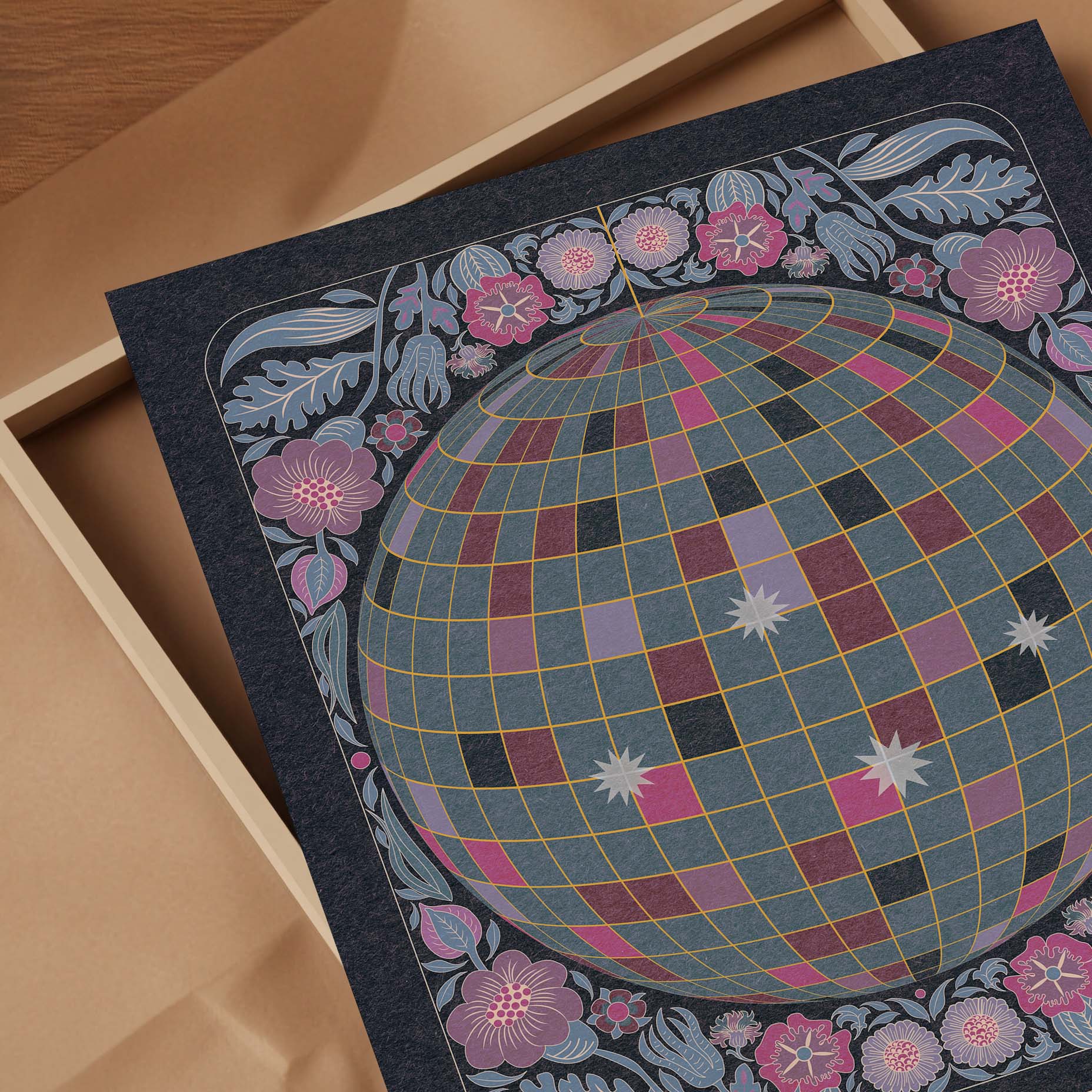 Vibrant 'Dancer' art print featuring a disco ball surrounded by colorful flowers and the text 'Dancer' below.