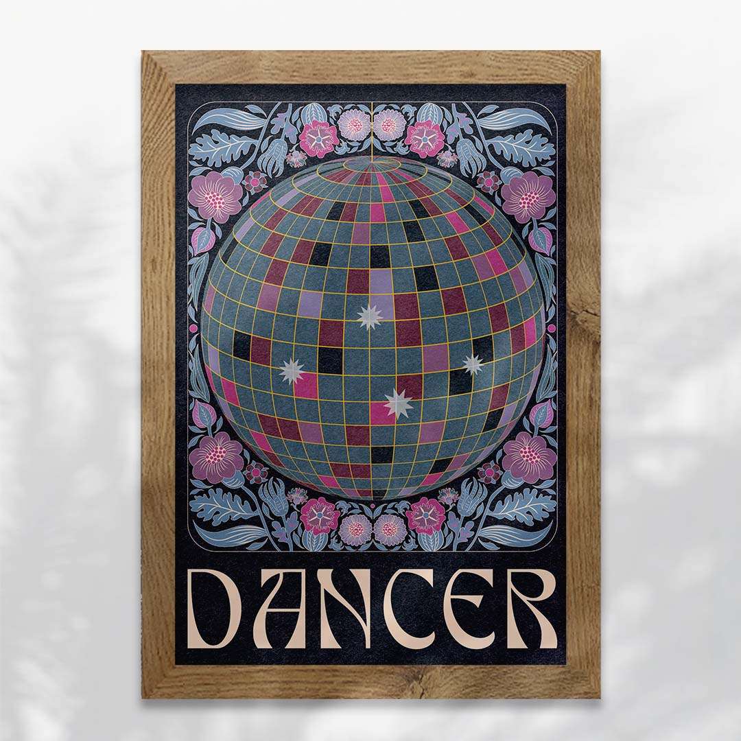 Vibrant 'Dancer' art print featuring a disco ball surrounded by colorful flowers and the text 'Dancer' below.