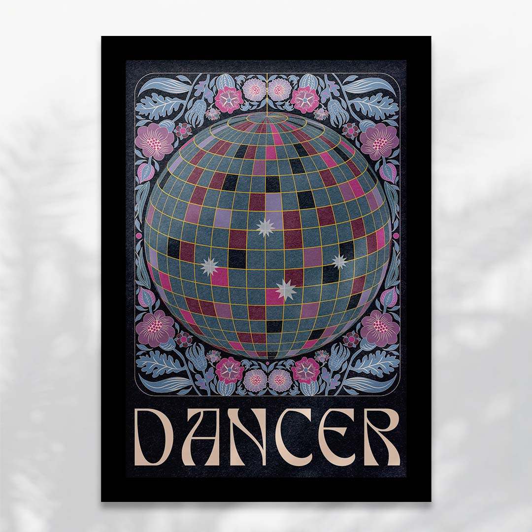 Vibrant 'Dancer' art print featuring a disco ball surrounded by colorful flowers and the text 'Dancer' below.