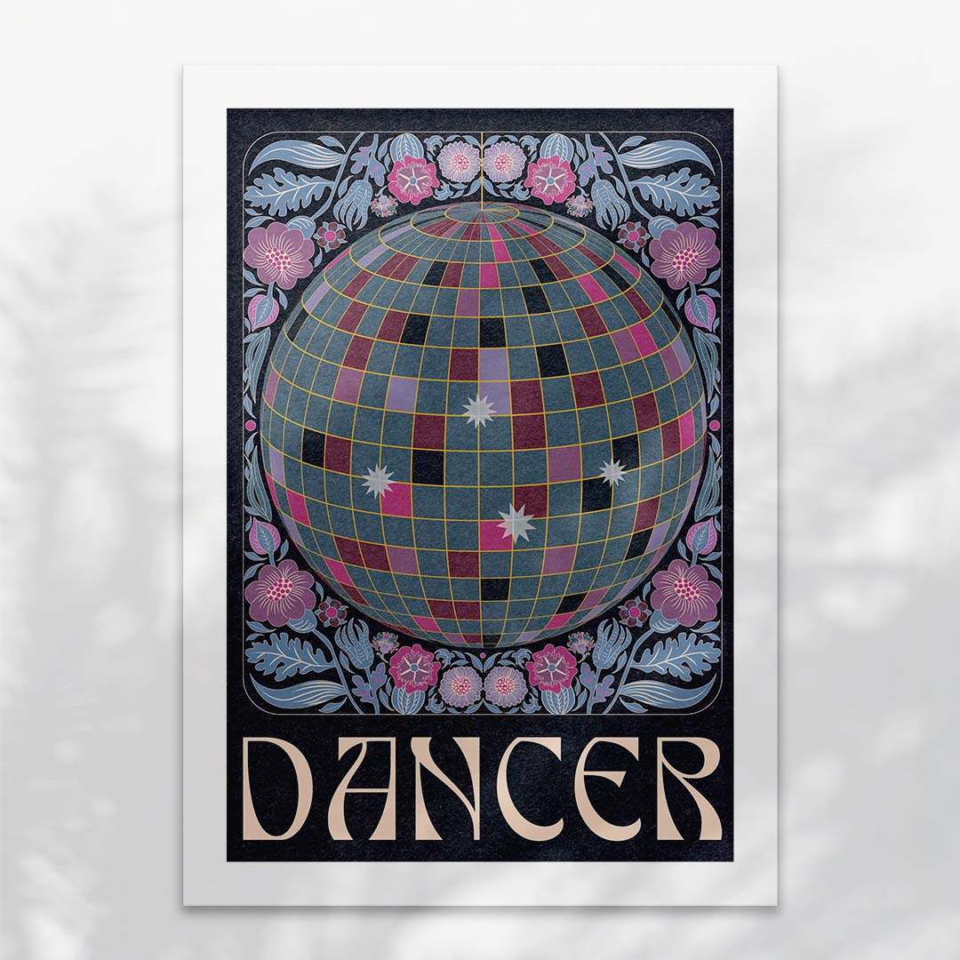 Vibrant 'Dancer' art print featuring a disco ball surrounded by colorful flowers and the text 'Dancer' below.