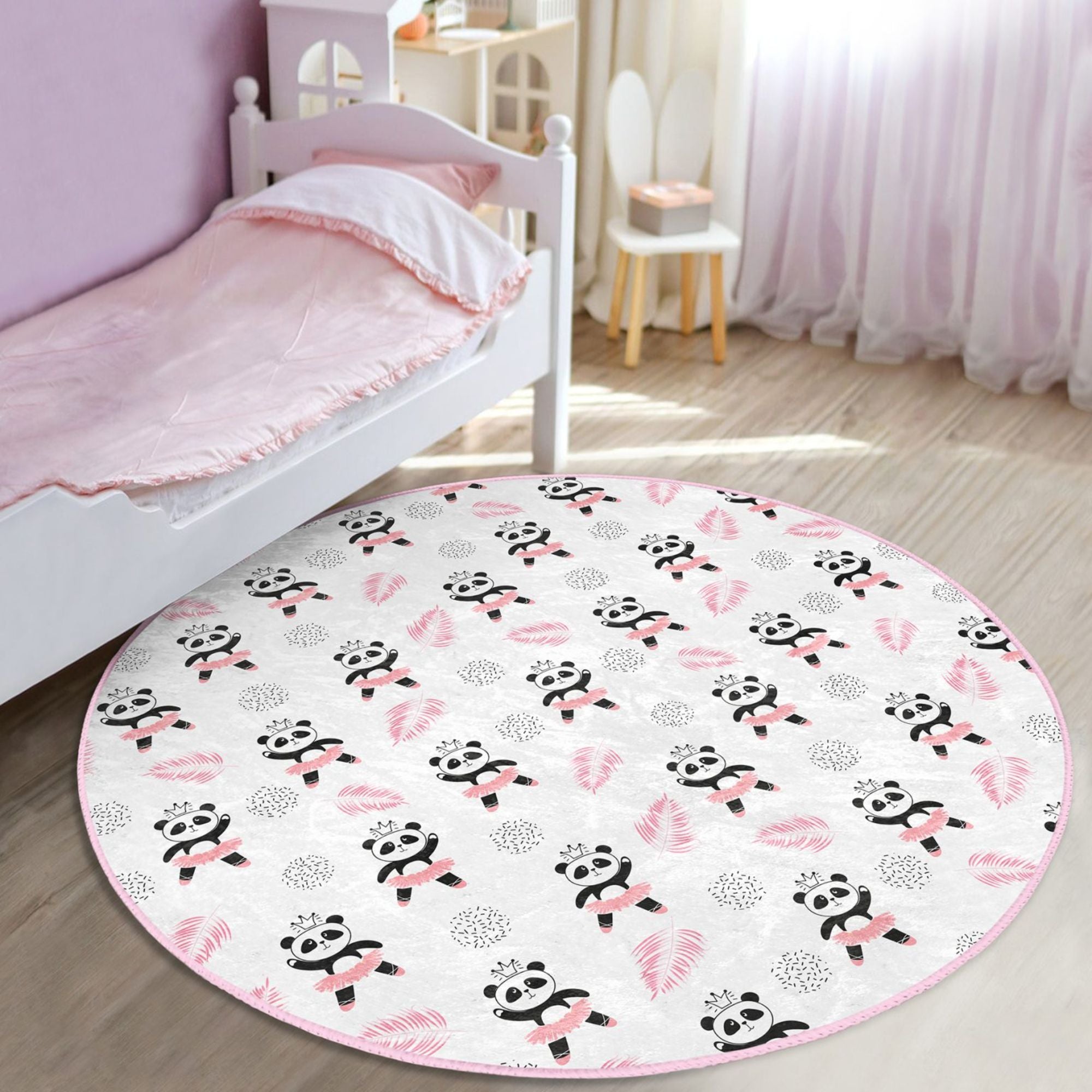 Dancer Panda Pattern Pink Washable Kids Room Rug featuring a playful panda design, soft texture, and non-slip backing, perfect for children's rooms.