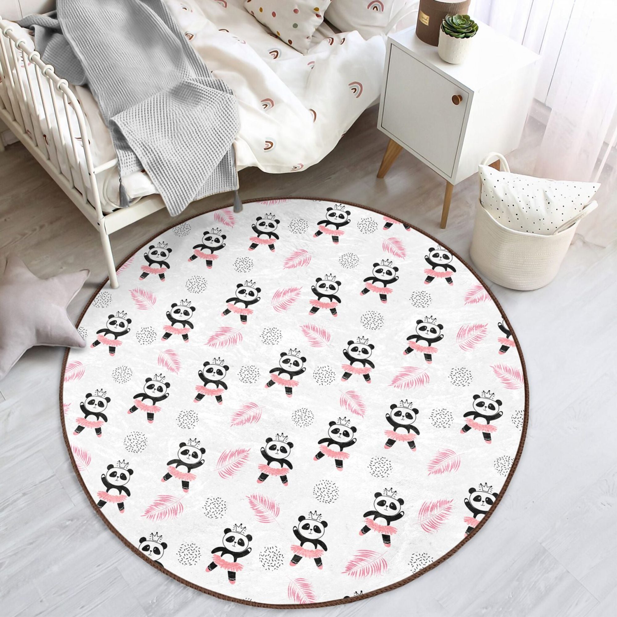 Dancer Panda Pattern Pink Washable Kids Room Rug featuring a playful panda design, soft texture, and non-slip backing, perfect for children's rooms.