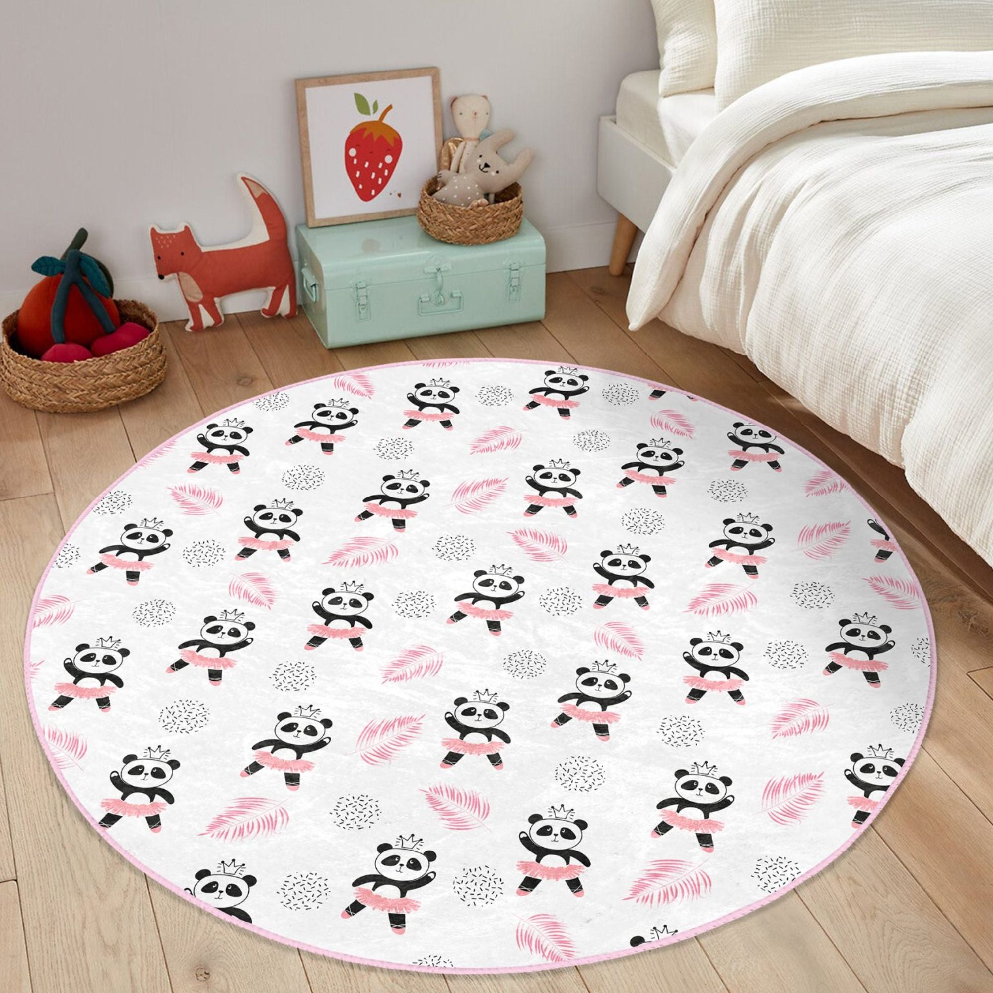 Dancer Panda Pattern Pink Washable Kids Room Rug featuring a playful panda design, soft texture, and non-slip backing, perfect for children's rooms.