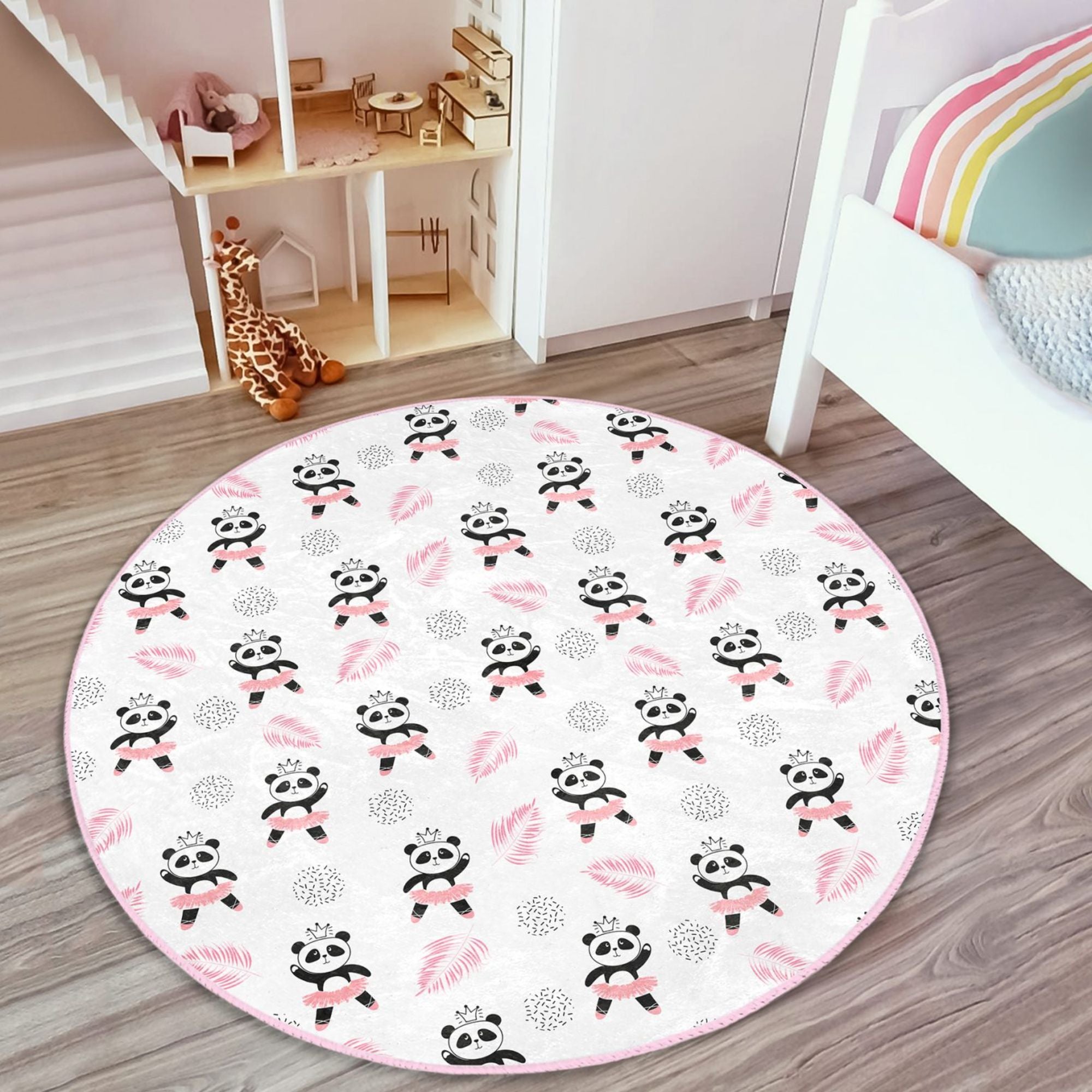 Dancer Panda Pattern Pink Washable Kids Room Rug featuring a playful panda design, soft texture, and non-slip backing, perfect for children's rooms.