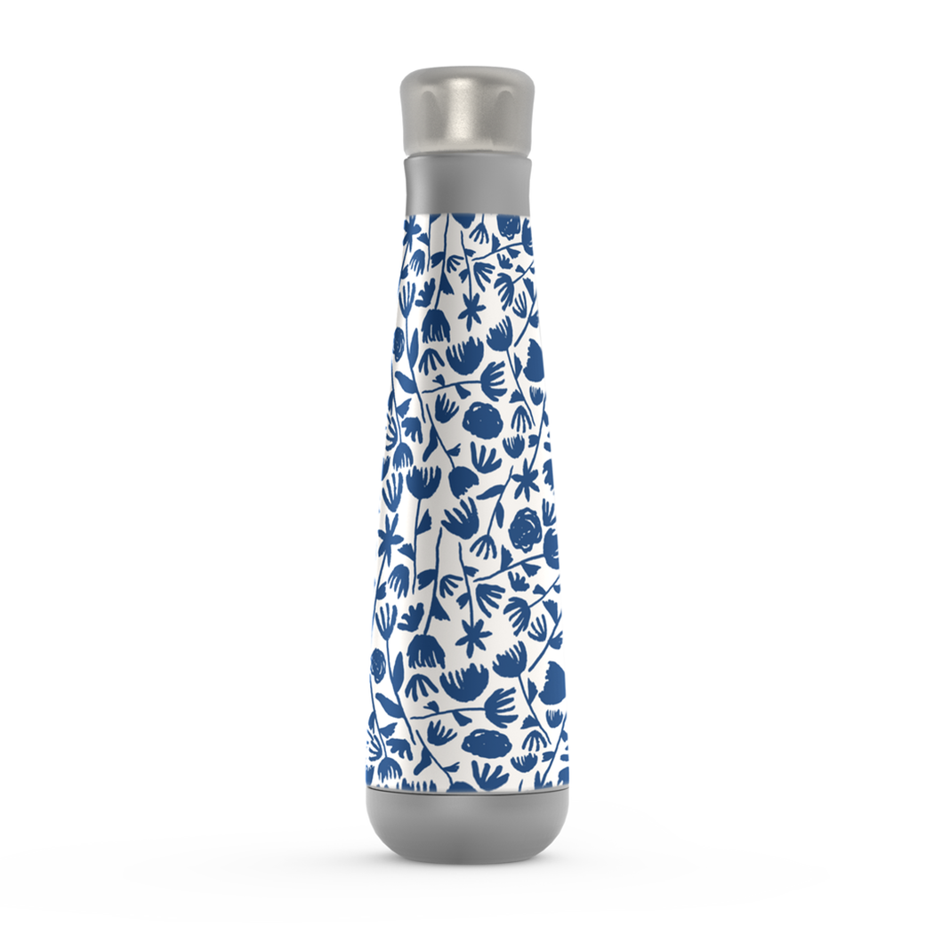 Dark Blue Ink Floral Water Bottle with stainless steel design and floral pattern, perfect for hydration on the go.