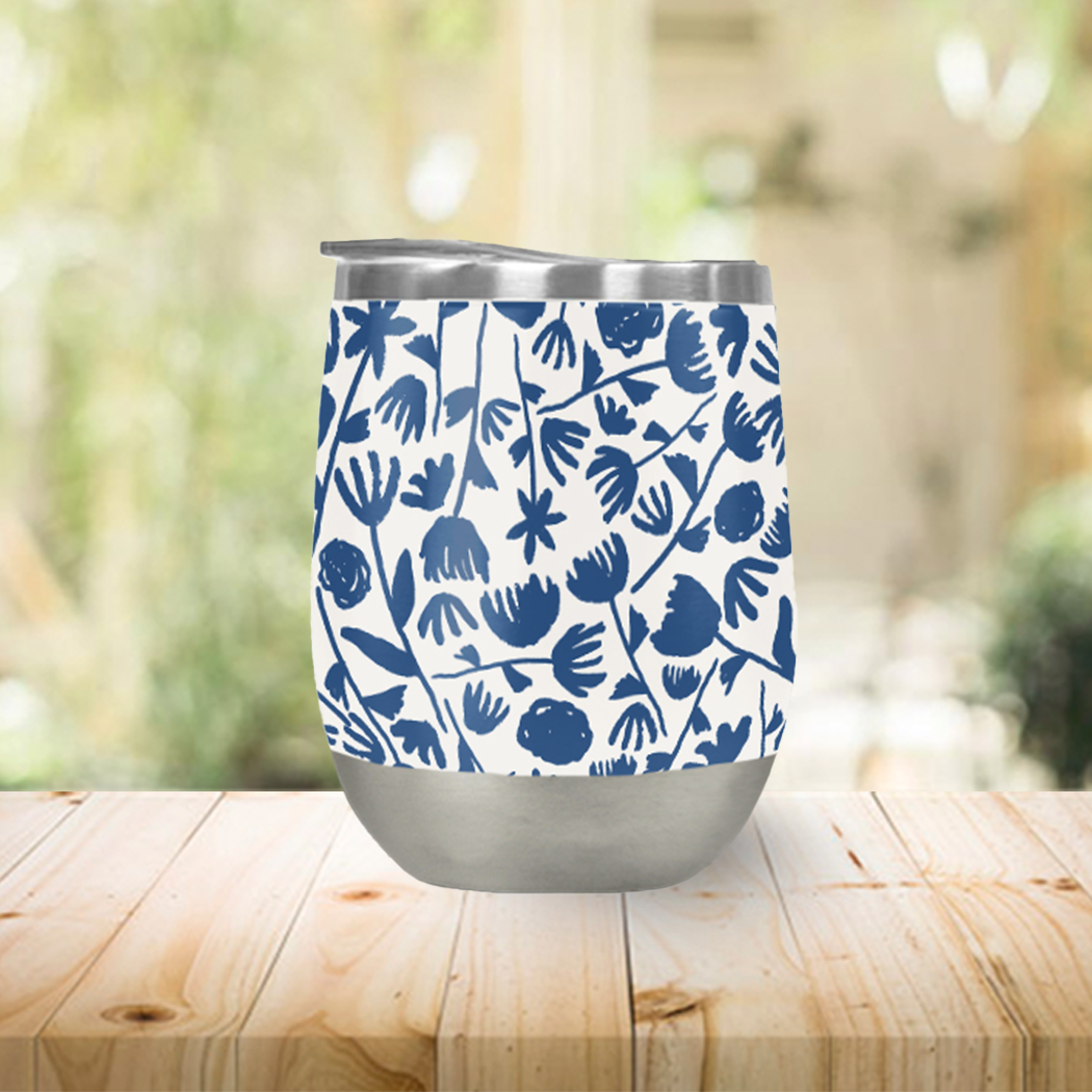 Dark Blue Ink Floral Wine Tumbler with double-wall insulation and a stylish floral design, perfect for outdoor use.