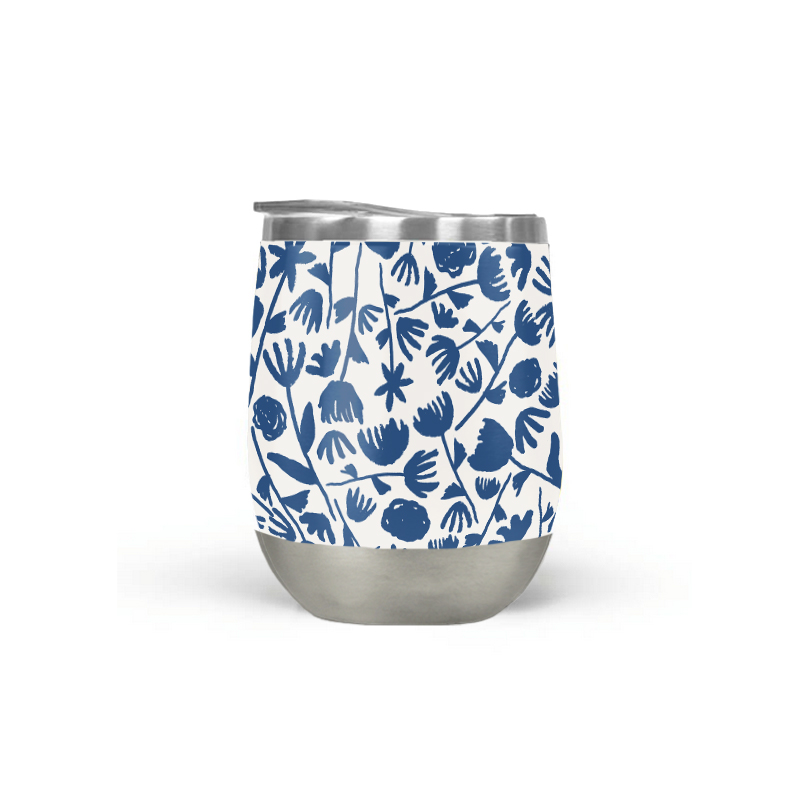 Dark Blue Ink Floral Wine Tumbler with double-wall insulation and a stylish floral design, perfect for outdoor use.