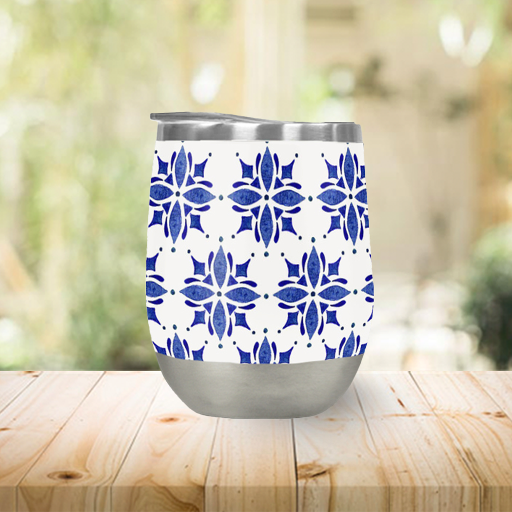 Dark Blue Tile Wine Tumbler with double-wall insulation, perfect for outdoor use.