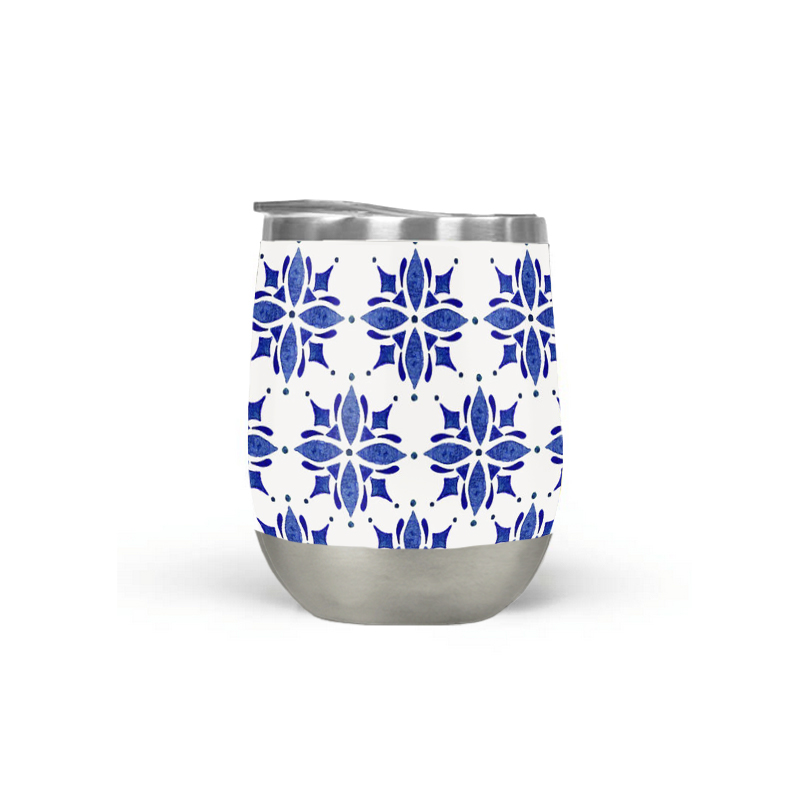 Dark Blue Tile Wine Tumbler with double-wall insulation, perfect for outdoor use.