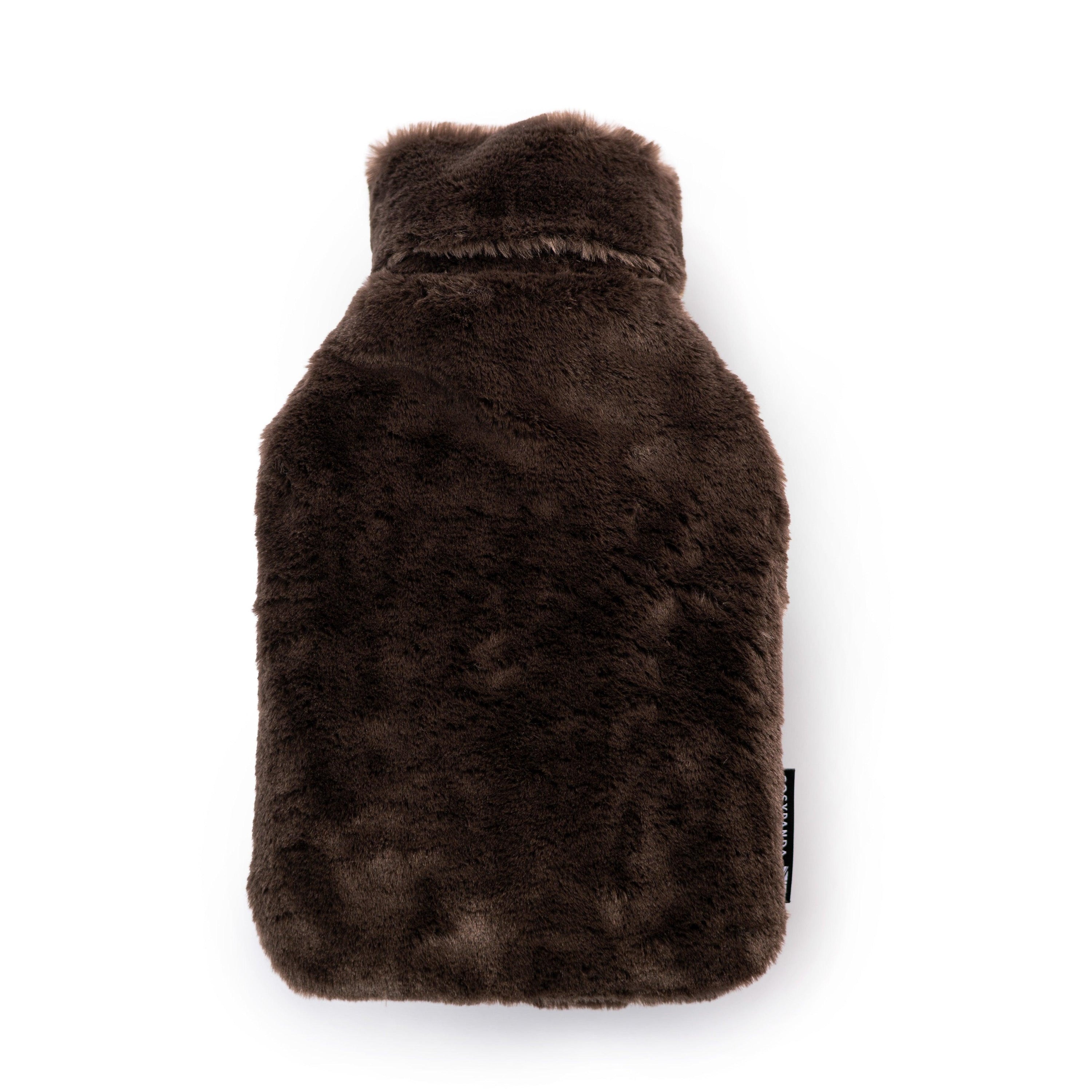 Dark Chocolate Hot Water Bottle with a super-soft recycled faux fur cover, perfect for warmth and comfort.