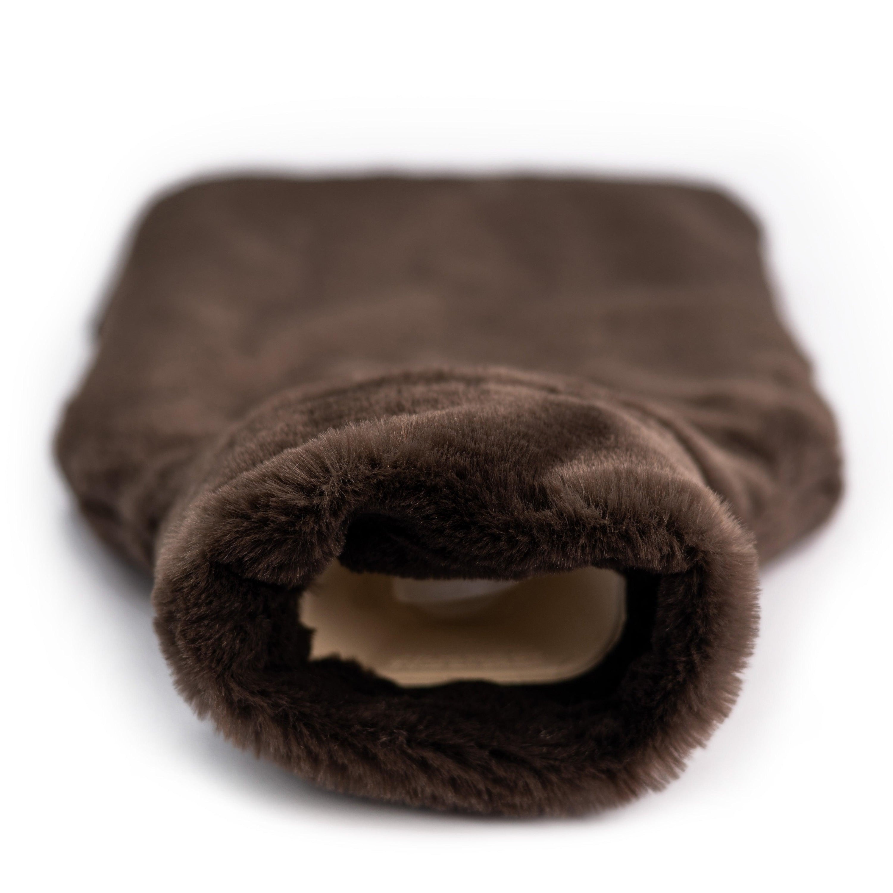 Dark Chocolate Hot Water Bottle with a super-soft recycled faux fur cover, perfect for warmth and comfort.