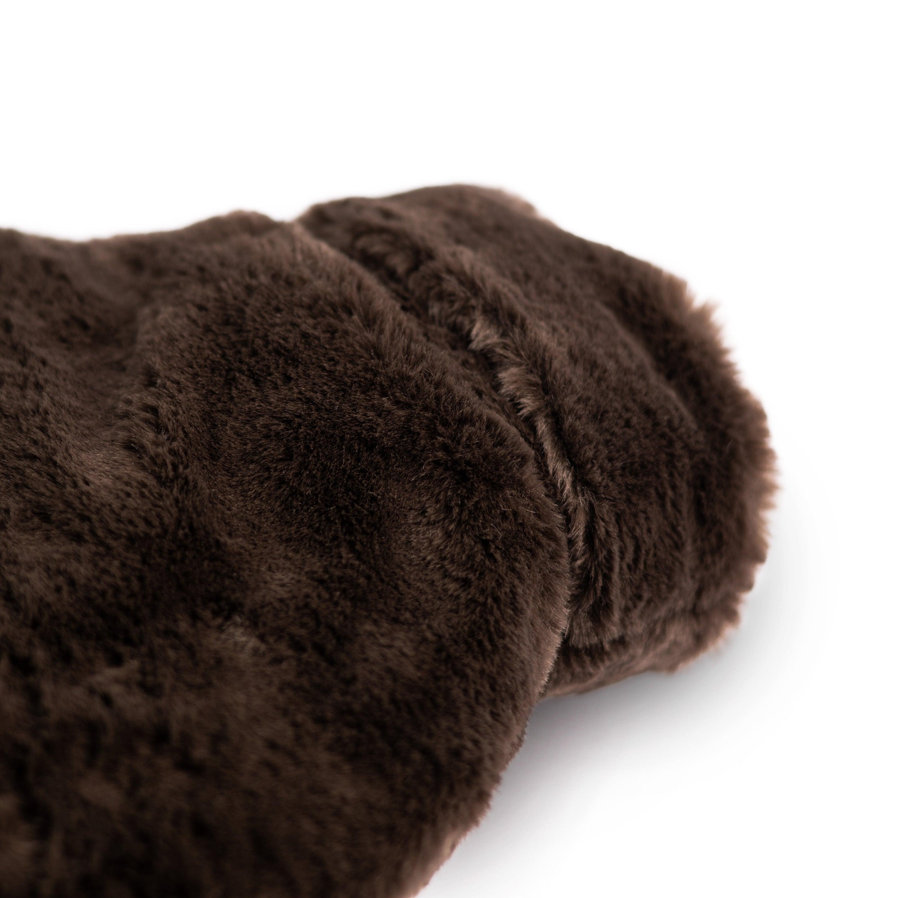 Dark Chocolate Hot Water Bottle with a super-soft recycled faux fur cover, perfect for warmth and comfort.