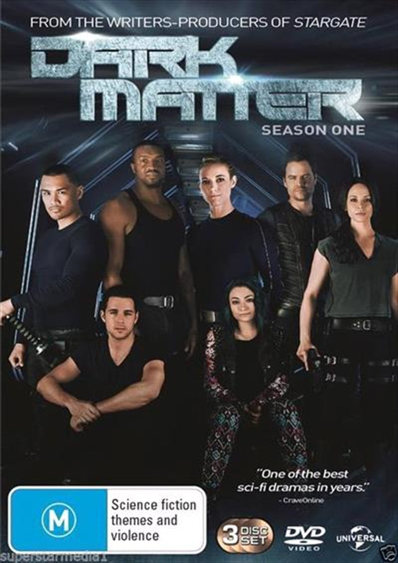 Dark Matter - Season 1 DVD cover featuring the six crew members in a dramatic space setting, showcasing the show's thrilling theme.