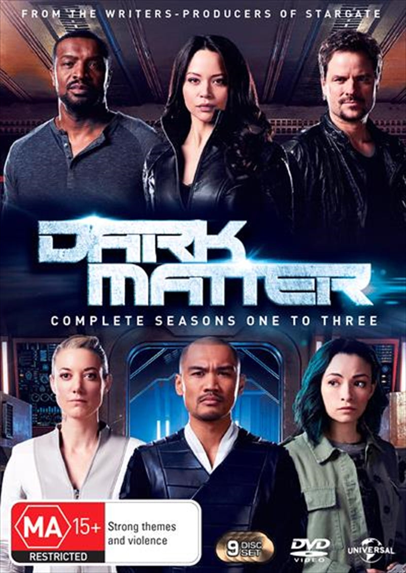 Dark Matter Seasons 1-3 Boxset DVD featuring a sci-fi spaceship and crew in space.