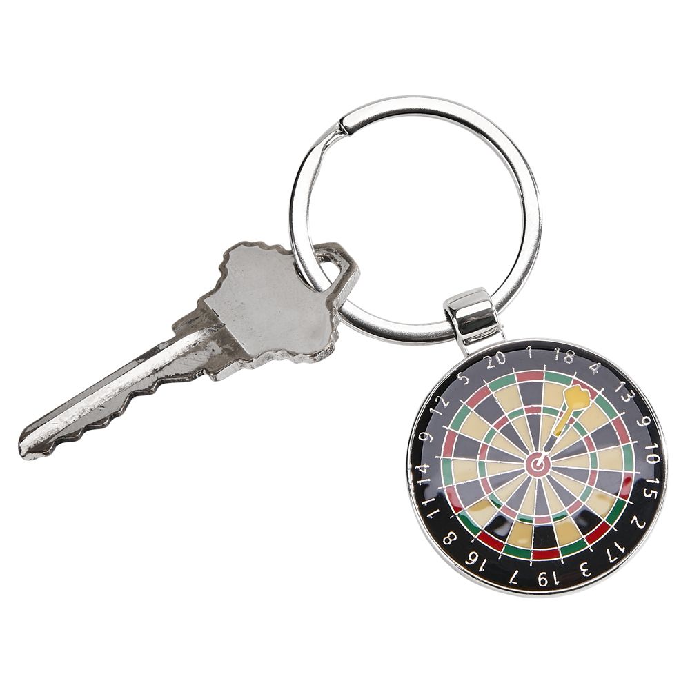 A 3-inch dart board keychain featuring a dart board design with an arrow in the center, nickel plated for durability.