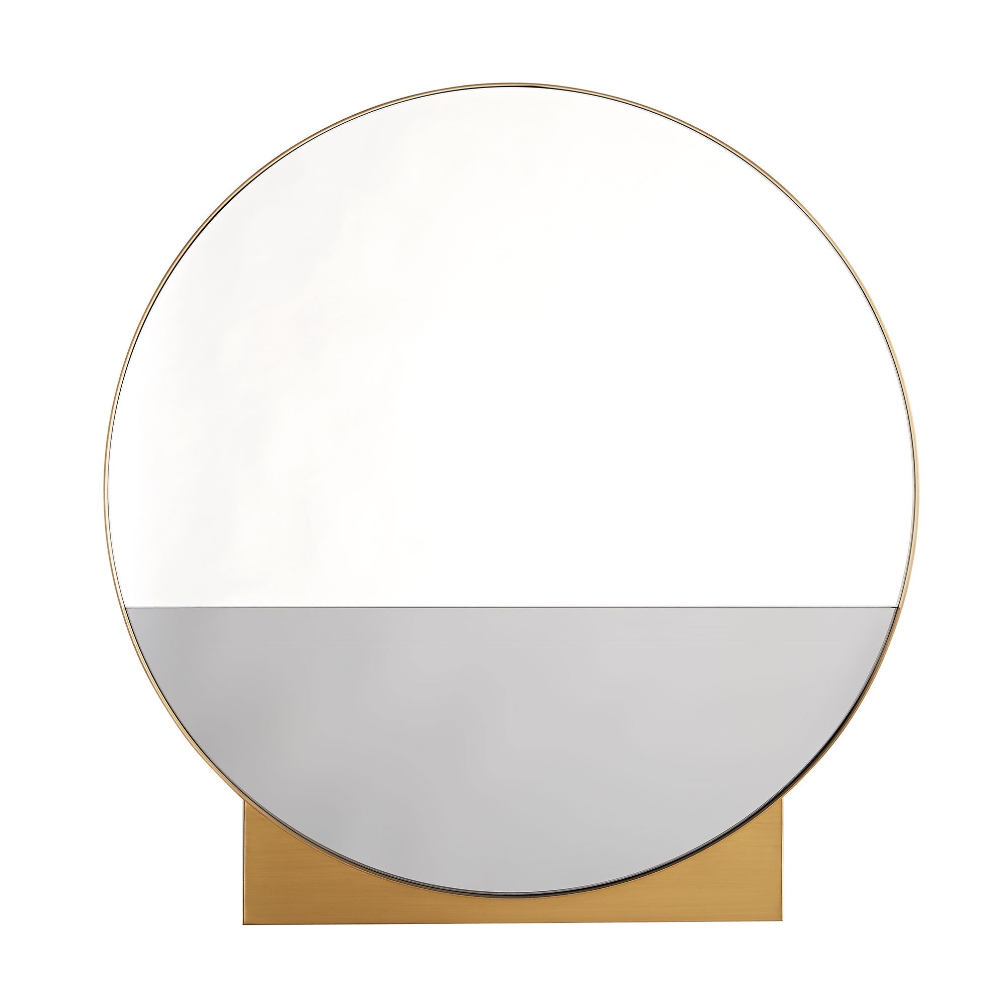 The Datum Mirror featuring a two-tone clear and smoke design in an antique brass frame with a wedge-shaped base detail.