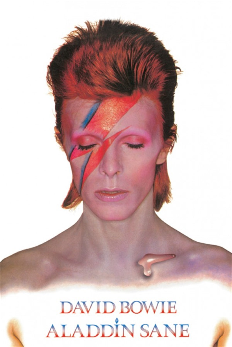 A vibrant David Bowie - Aladdin Sane poster featuring the iconic lightning bolt design and colorful artwork.