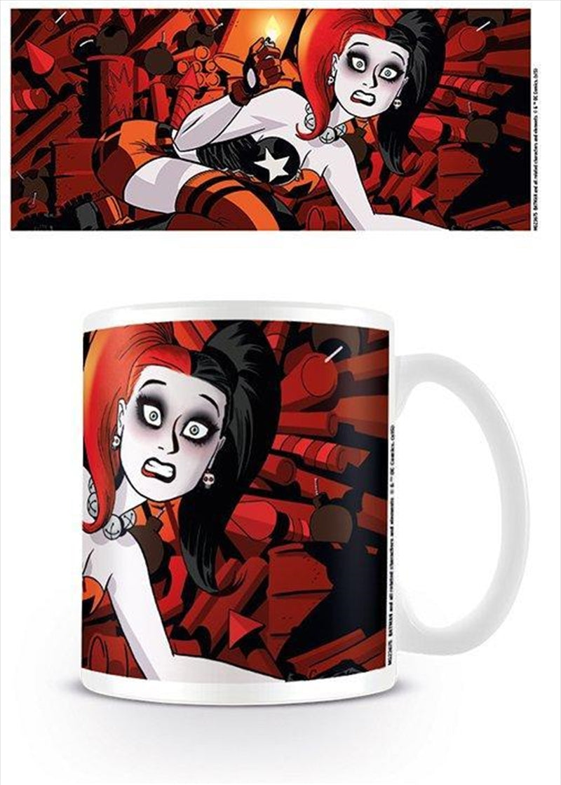 Ceramic mug featuring Batman and Harley Quinn designs, perfect for coffee or tea lovers.