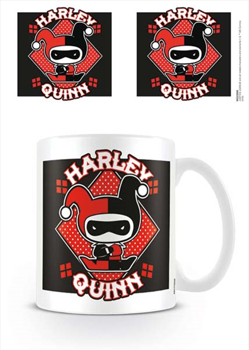 A colorful ceramic mug featuring a chibi design of Harley Quinn from DC Comics, showcasing her playful character.