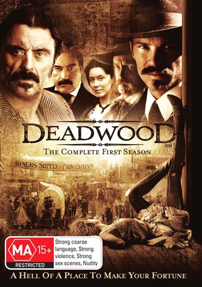 Deadwood - Season 1 DVD cover featuring main characters in a Western setting.