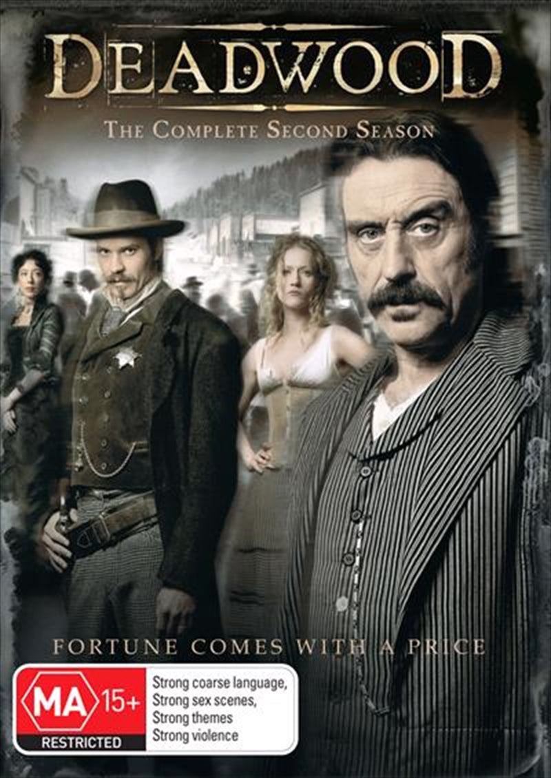 Deadwood - Season 2 DVD cover featuring main characters in a dramatic Western setting.