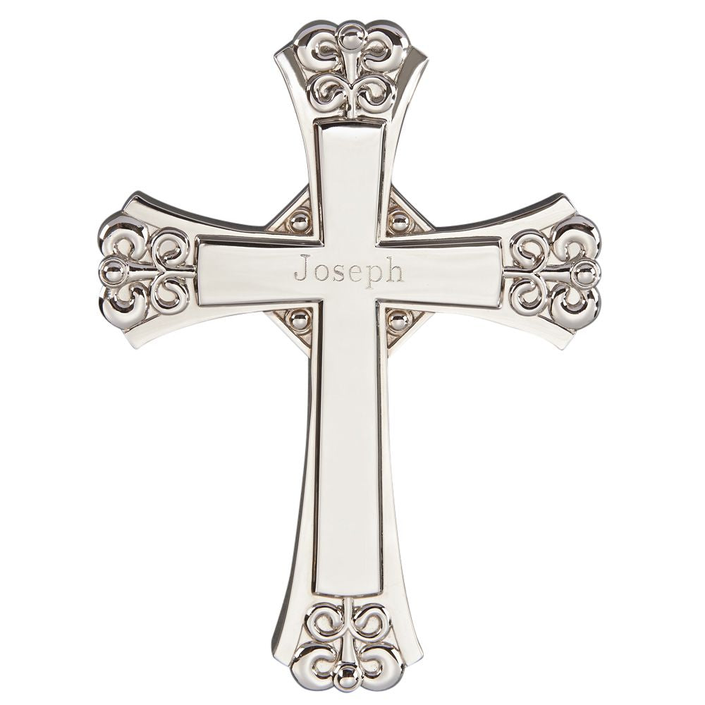 A beautifully decorated nickel plated cross with Old World design, suitable for wall hanging and engraving.