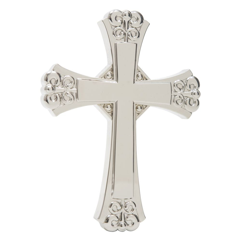 A beautifully decorated nickel plated cross with Old World design, suitable for wall hanging and engraving.