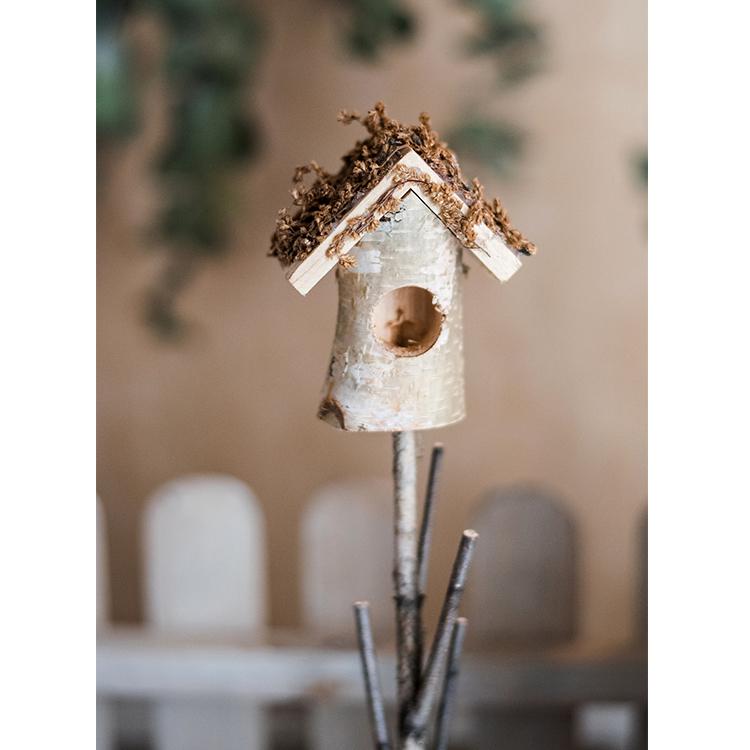 Set of 3 decorative bird house planter stakes in natural colors, showcasing unique designs made from organic materials.