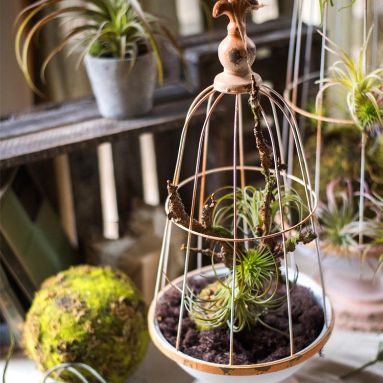 A decorative iron bird cage in white and rust colors, showcasing intricate designs and available in two sizes.