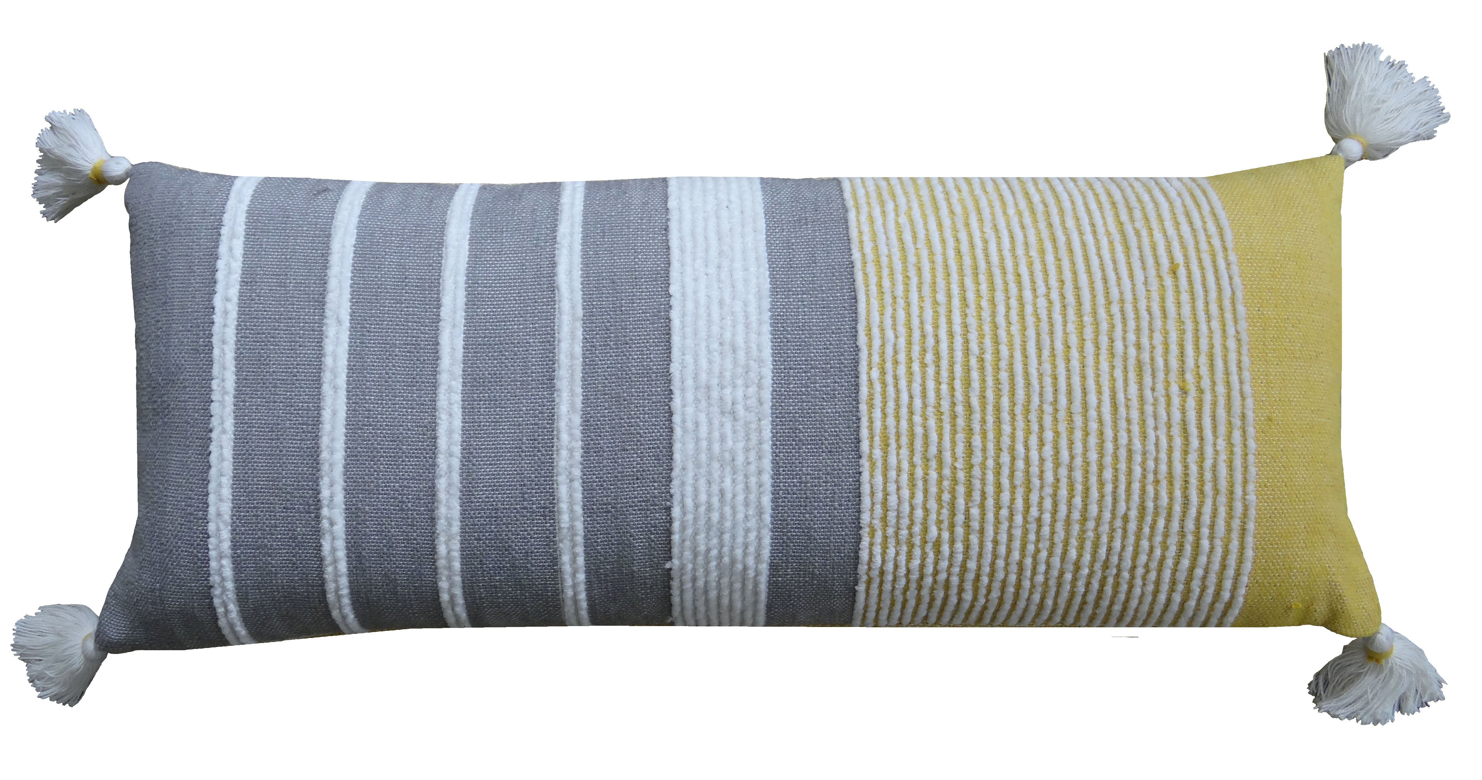 Decorative long grey stripes throw pillow measuring 14x36 inches, featuring a handloom woven textured design in grey, white, and ocher colors.