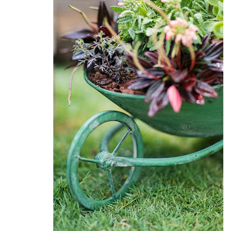 Decorative green metal planter cart showcasing plants, featuring wheels for easy mobility.