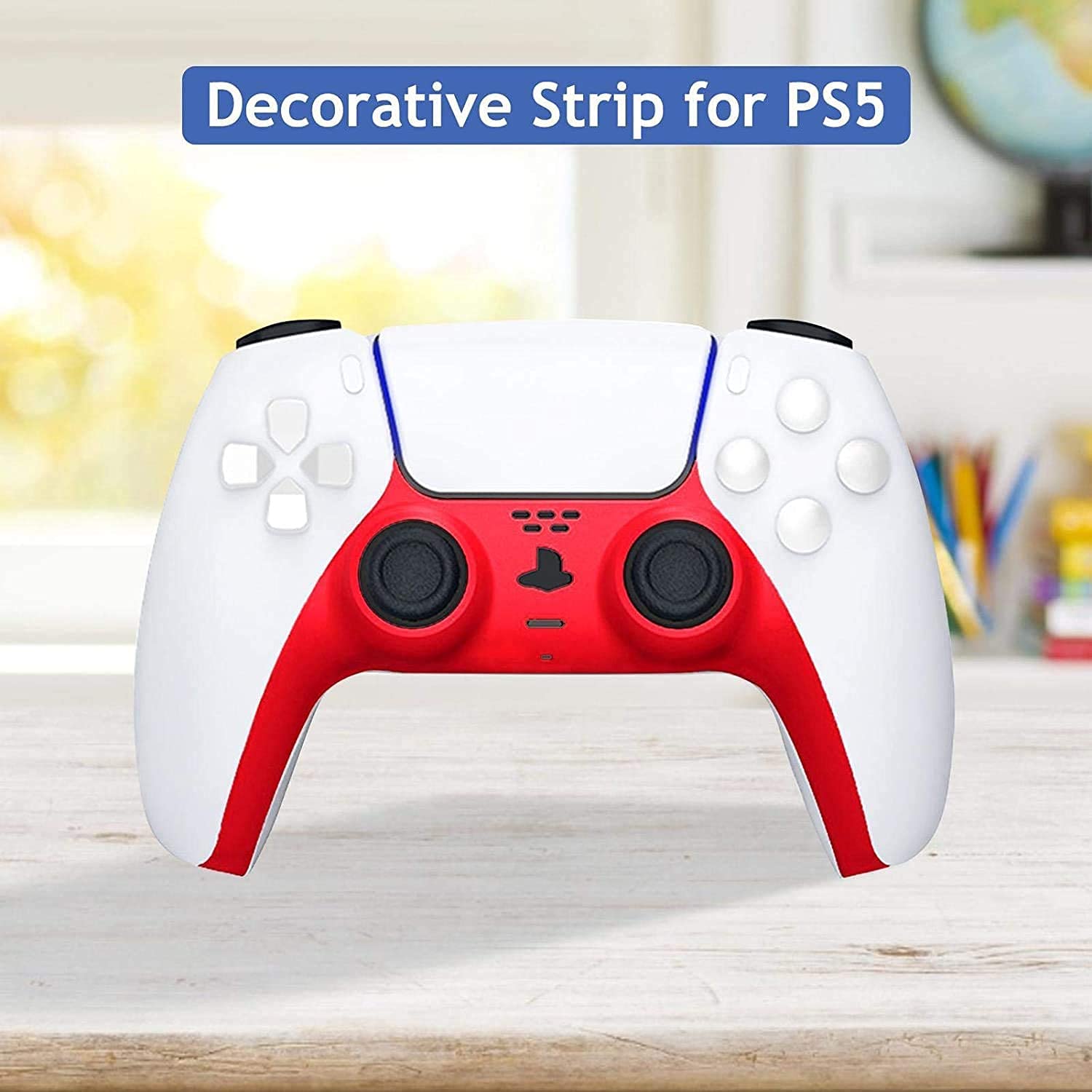 Decorative red strip designed for PS5 DualSense Controller, showcasing vibrant color and precise cutouts for buttons.